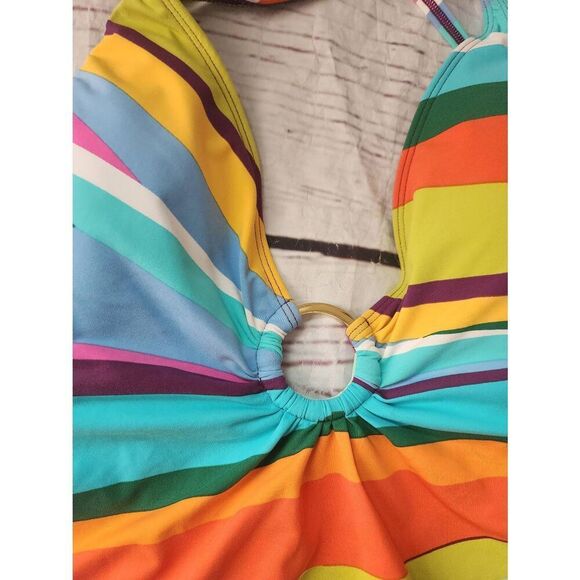 Bleu by Rod Beattie Striped Plunging Neckline Tummy Control One Piece Swimsuit S - Picture 4 of 6